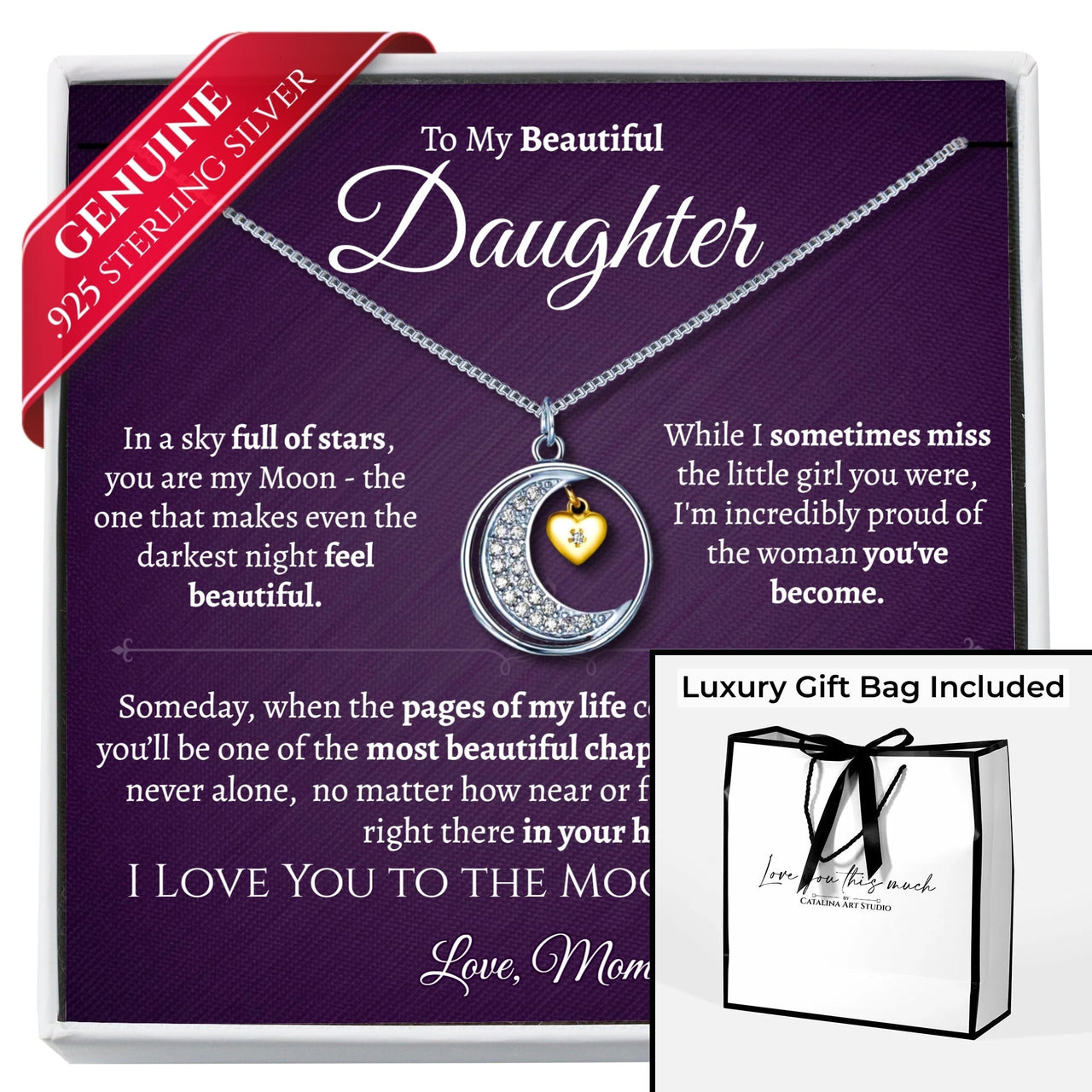 Daughter .925 Sterling Silver Moon Necklace - Love Mom - Love You This Much